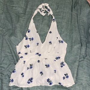 American Eagle White and Blue flower halter tank